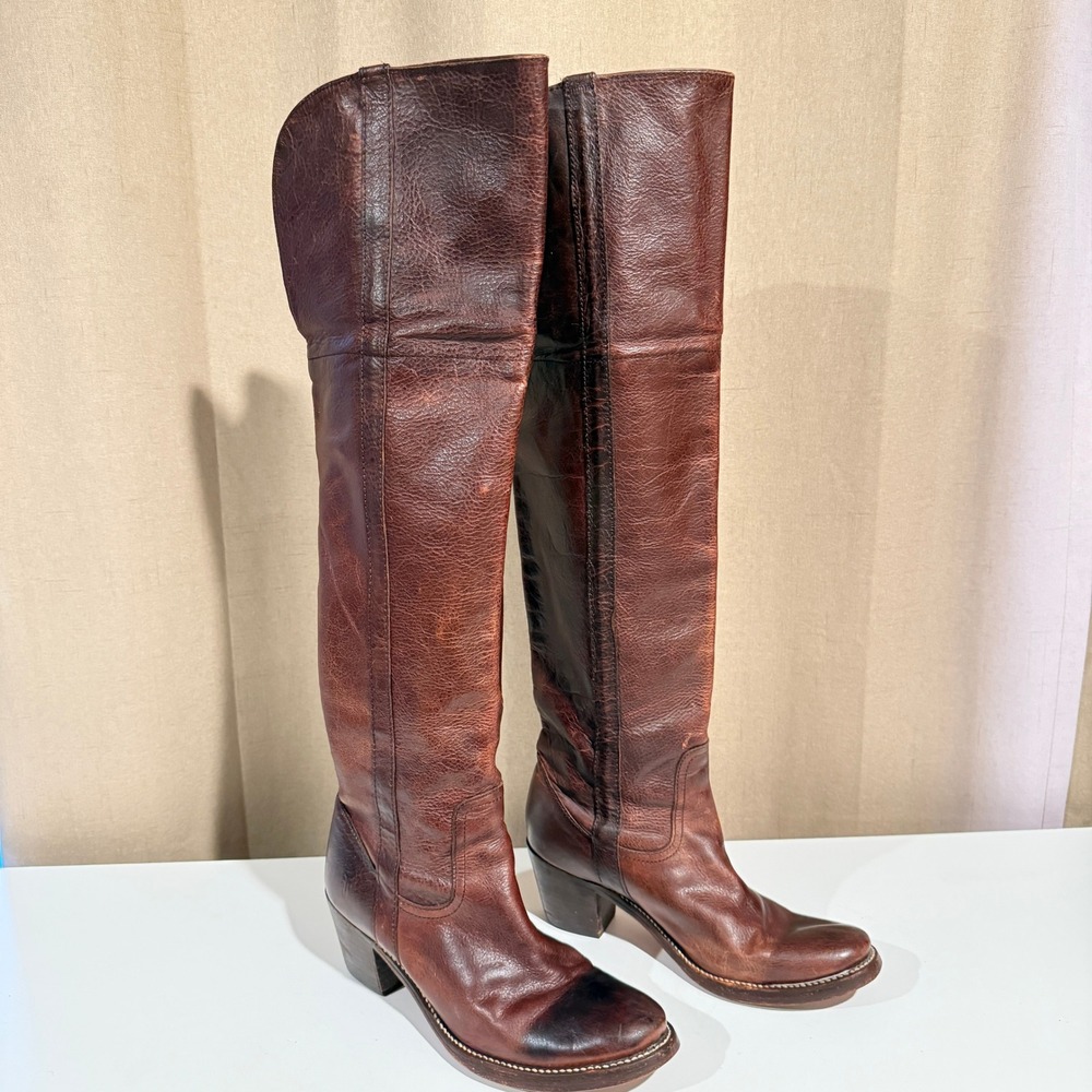 Frye Women Cognac Leather Over‎ The Knee Block Heel Riding Boots Brown